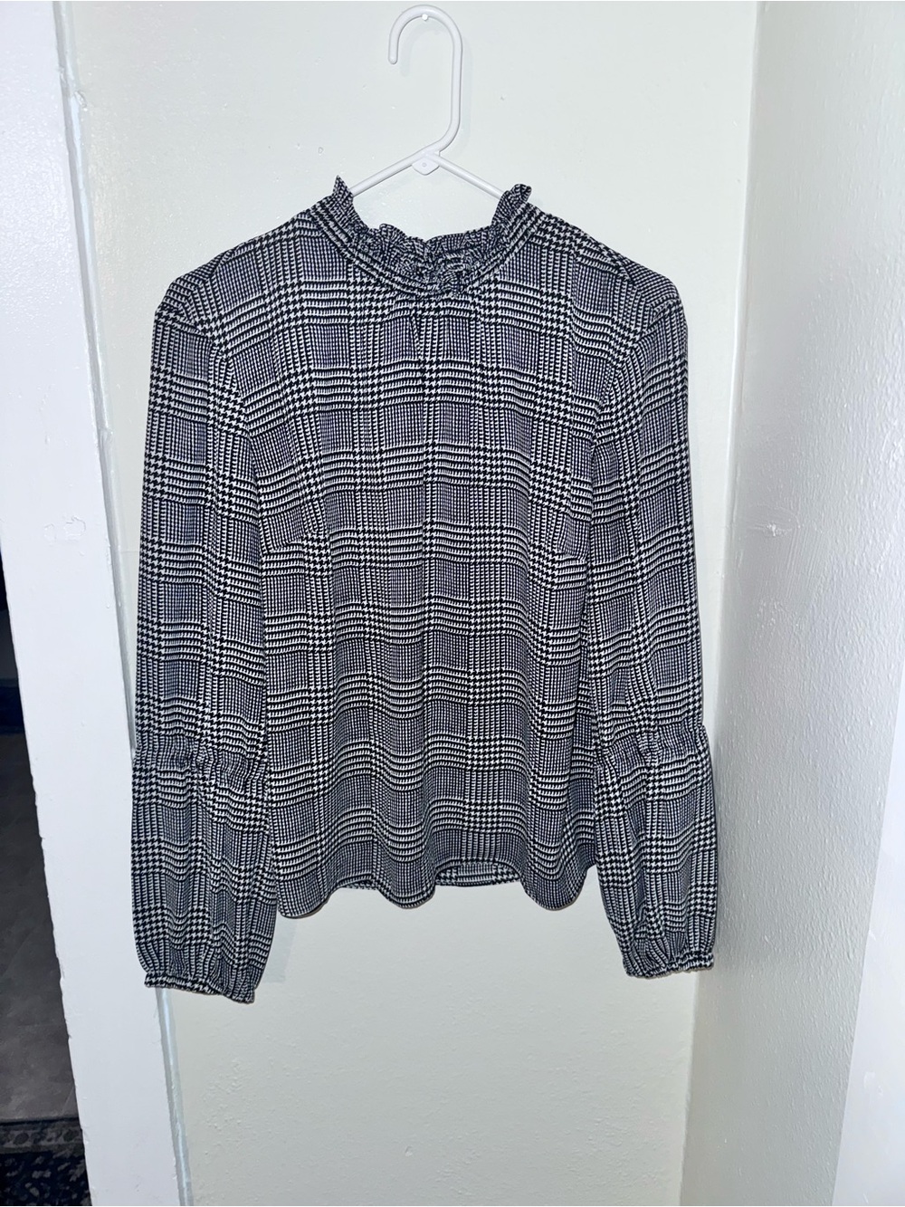 The Limited Black & White Plaid Ruffled Mock Neck Blouse